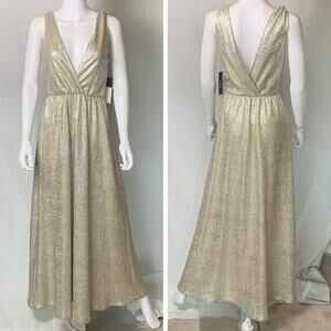 Lulus Gold Shimmering Maxi Dress Womens Small Deep V Neck‎ Formal Gown (0405)NWT